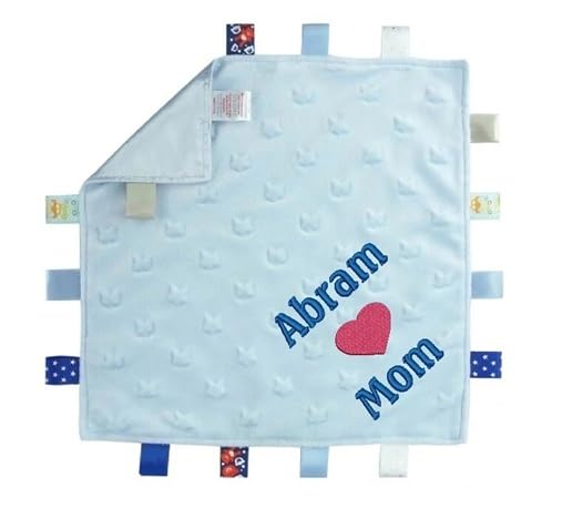 Personalised Embroidered Baby Dimple Comforter Tags Blanket with Name and Date of Birth Newborn Boy or Girl (Blue Star)