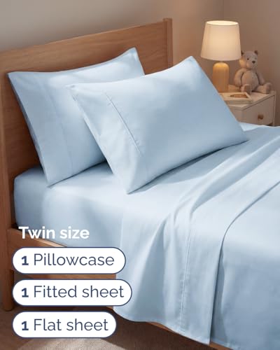 Image of Twin 4 Piece Bed Sheet Set - Comfy, Breathable & Cooling Sheets - Sky Blue | Ultra Soft Hotel Luxury Bedding Set with 8-16 Inch Deep Pockets, 1 Flat & 1 Fitted Sheet & 2 Pillowcases, Wrinkle & Fade Free
