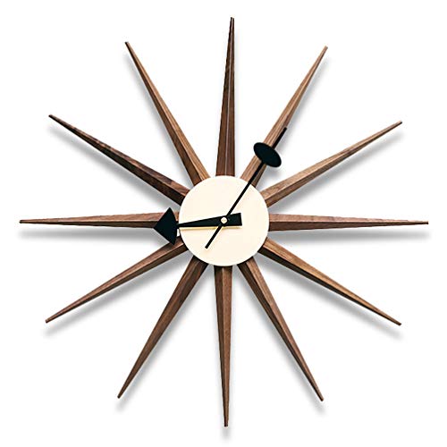 Classic Wooden Sunburst Wall Clock, Contemporary George Nelson Series Designed, Mid Century Handmade Antique 3D Star Burst Wall Clock, No Ticking Modern Quartz Decor Watch, 48Cm/19'',Walnut