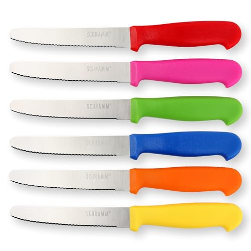 Schramm® 6 Stück Frühstücksmesser wählbar in schwarz, weiß oder bunt Brötchenmesser Brotzeitmesser mit Wellenschliff Tafelmesser Edelstahl ca....