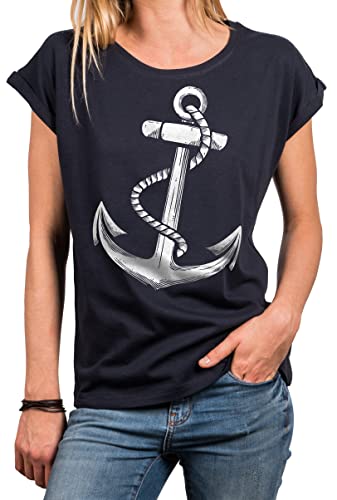 MAKAYA Segel Shirt Damen Anker Top Kurzarm T-Shirt Frauen Tunika Sommer Tshirt Große Größen Oversize Blau XL