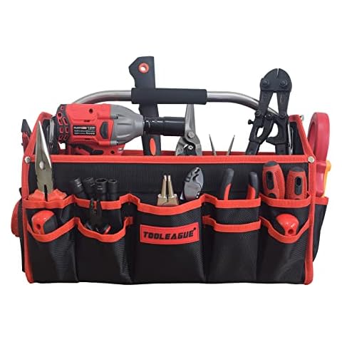 TOOLEAGUE 16 Inches Open Top Tool Tote Bag 22 Pockets,1680D Reinforced Material Tool caddy,Tool bags for electricians, Steel Handle and Shoulder Strap Cover