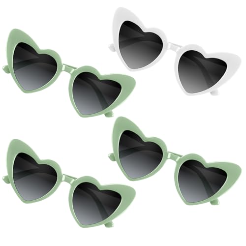 BOUBONI 4/6/8/10/12 Pack Bachelorette Sunglasses Heart Sunglasses Vintage Heart Shaped Glasses for Women Bridal Party Wedding (4 White+Green)