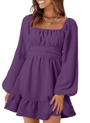 Image of Dokotoo Womens Dress Lantern Sleeve Elastic Waist Tie Backless Mini Dress | Square Neck,Off Shoulder,Flowy,Ruffle A-Line,Casual,Mini Dress,Beach Vacation Clothes,Fall Outifits,Wedding Guest,Boho