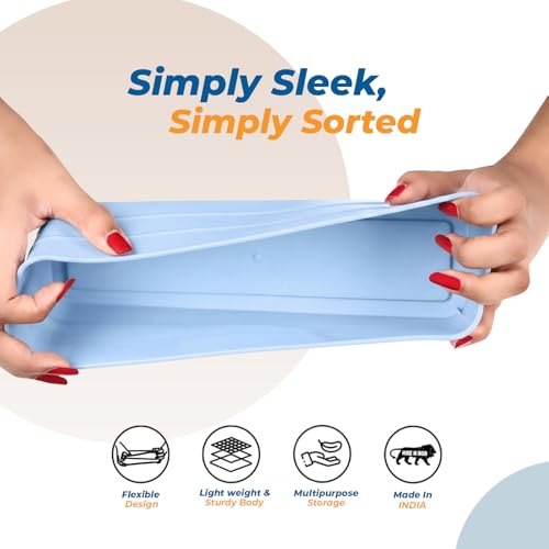 Image of KOLORR Flexi Tray Narrow Flexible Space-Saving Storage, Stackable Storage Organizer, Drawer Organizer Trays for Home, Washroom, Office, and Kitchen Organization Pack of 6 - Blue