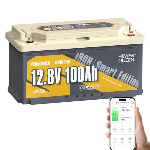 Power Queen 12V 100Ah Bluetooth H190 LiFePO4 Batterie, DIN H8 L5, 1280Wh Tiefzyklus Lithium Batterie mit 100A BMS und Niedrigtemperaturschutz, Perfekte für Wohnmobil, Camping, Wohnwagen