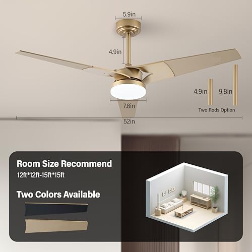 Esiovco Ceiling Fan with Lights and Remote, 3 Blade App Control Timer Reversible Stepless Brightness and Color Temperature Outdoor Wood Ceiling Fan with Lights (Gold, 52 In) by Esiovco - Used condition - Image 2