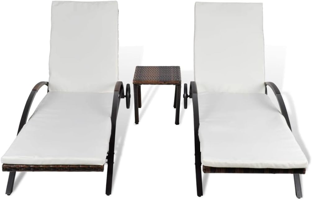 Sun Loungers with Table,Outdoor Table,Patio Furniture,Backrest Adjustable,Outdoor Lounge Chairs,Cushion Cover Washable,with Two Wheels,for Garden,Lawn,Backyard, Poly Rattan Brown