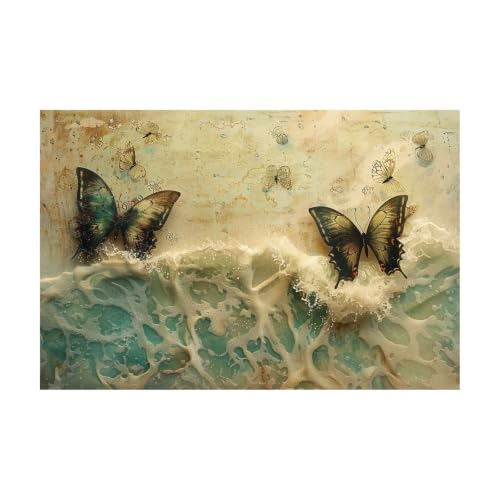 Lienzo de mariposas verdes texturizadas de alta calidad, cuadro de naturaleza beige 40x60cm