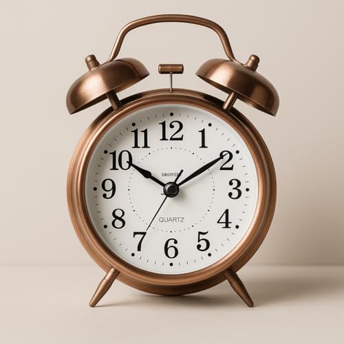 Image of DRONTER Vintage Twin Bell Analog Display Table Alarm Clock With Night Led Light Heavy Slippers Extra Loud Alarm Clock Ideal For Student And Kids Bedroom (Copper, 3 Inch, 2 Inch)
