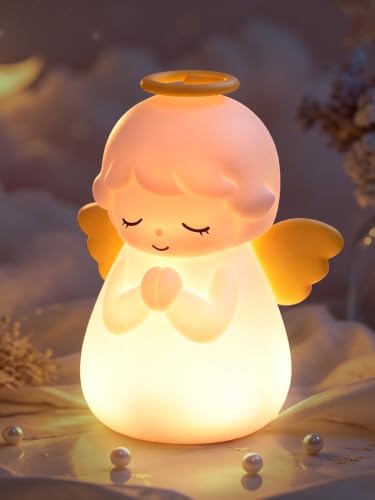 Image of Ammonite Pink Angel Night Light, Soft Silicone Nursery Lamp with RGB 30-Minute Timer, Touch Control Nightlight for Bedroom Decor, Christening Baptism Gifts Christmas Birthday Gift