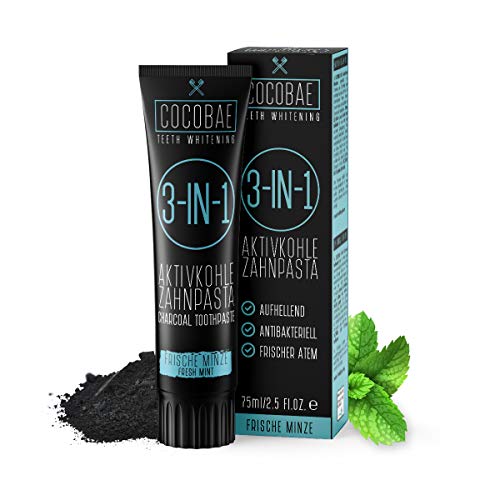 COCOBAE® Teeth Whitening - Aktivkohle Zahnpasta 3-IN-1 Zahnaufhellung [Minze] Für Weisse Zähne - Mit Kariesschutz - Zähne Aufhellen Mit Kohle Zahnpasta, Toothpaste, 75ml