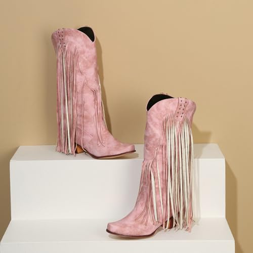 Image of KiutSymo Mid Calf Fringe Boots For Women Cowboy Pointed Toe Chunky Heels Cowgirl Western Tassel Boots