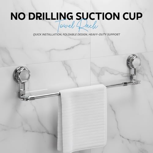 Image of Amazon Basics Suction Adjustable Towel Rod (60-112Cm) | Self Adhesive Wall Mounted Towel Holder for Bathroom | No Drill, Rustproof