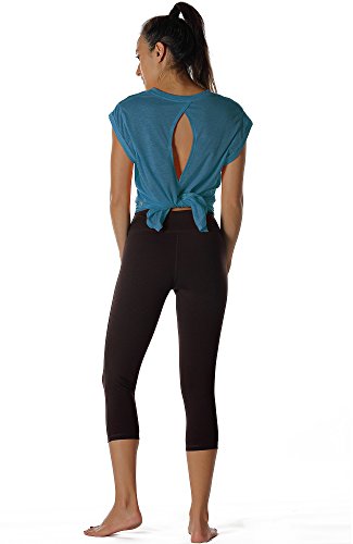 Icyzone Open Back Workout Top Shirts - Yoga T-Shirts Activewear Exercise Tops For Women(Pack Of 2) (M, Grey/Denim) #TOP4