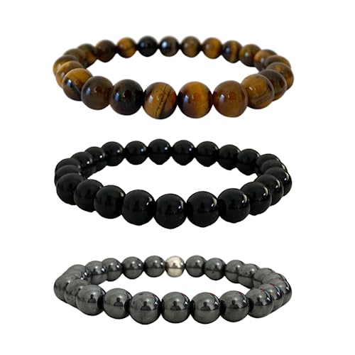 Kit Pulseira Hematita Ônix Olho de Tigre 8mm Pedras Naturais Feminino Masculino