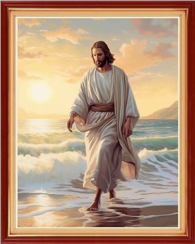 Image of Redxing Stamped Cross Stitch Kits Embroidery kit for Beginners Adults Full Range of Embroidery Patterns Starter Kits DIY Printed Cross Stitch Kits Needlepoint Kits 11CT-Jesus by the seaside 16x20 inch