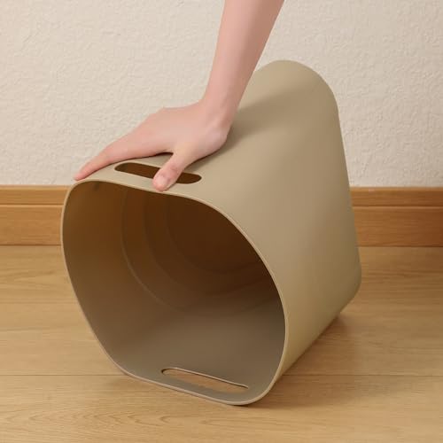 Image of rejomiik Small Trash Can, Slim Garbage Can Plastic Waste Basket with Handles 3.5 Gallon Container Bin for Narrow Spaces Bathroom, Bedroom, Kitchen, Office at Home, 2 Pack Khaki