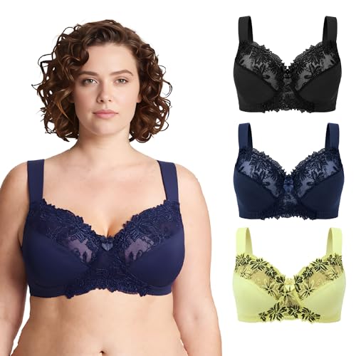 Image of Curve Muse Plus Size Minimizer Unlined Wireless Bra with Lace Embroidery-3Pack