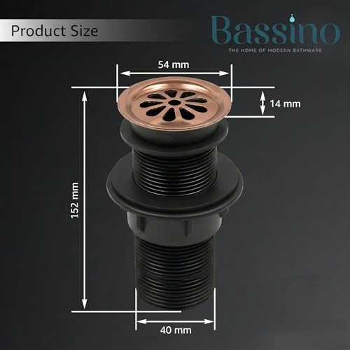 Image of BASSINO 6 Inch Basin Waste Coupling Nylon Thread Body with Brass Jali Head /Heavy Duty Bathroom Sink Drain /Anti Clog Waste Coupling with Durable Build /Universal Fit Drain for Washbasin(Rose Gold)