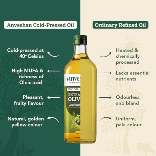 Image of Anveshan Extra Virgin Olive Oil - 500ML | Cold Press Extraction | Rich in Vitamin E & K | Perfect for Salad Dressings, Sauteing, Marinades - Imported from Spain
