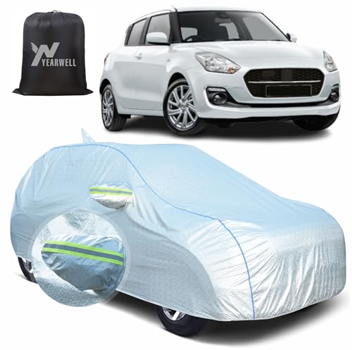 Image of Car Body Cover for Maruti Swift (2012-2017), 100% Waterproof, Heat-Resistant with Mirror & Antenna Pockets, Soft Cotton Lining, Triple Stitched, Piping & Reflector (Reflective Silver)