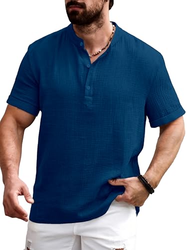 Image of Men Shirt | Black Textured Cotton Blend | Regular Fit Casual Shirt | Half Short Sleeve | Mandarin Chinese Collar | Button Down | Summer Office Wear | Stylish Shirt for Men