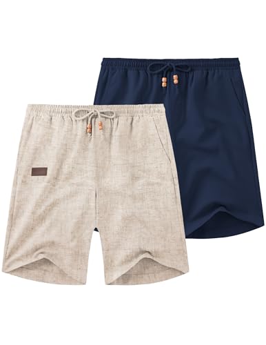 Image of COOFANDY Mens Casual Linen Shorts Elastic Waist Drawstring Loose Fit Summer Beach Vacation Shorts with Pockets