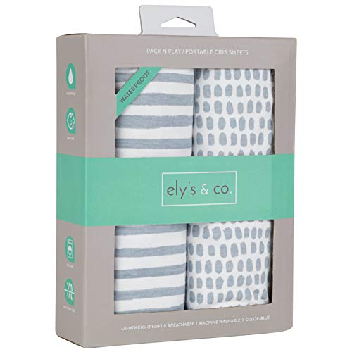 Image of Ely’s & Co. Waterproof Pack and Play/Mini Crib Sheets – All-in-One Mattress Protector and Fitted Playard Sheets – Jersey Cotton – Blue Splash & Stripes, Baby Boy Nursery Bedding Essential – 2-Pack