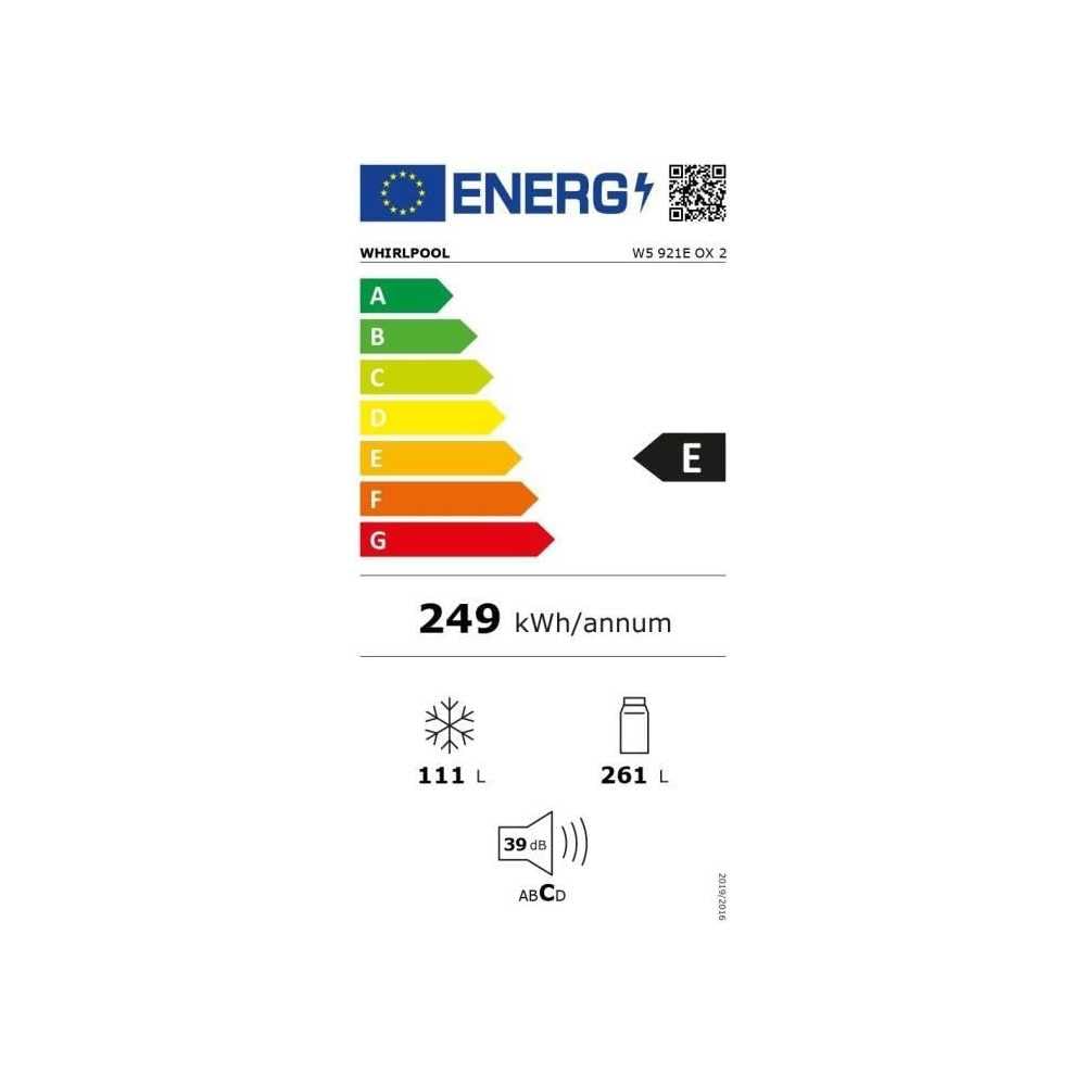 Réfrigérateur congélateur bas - WHIRLPOOL W5921EOX2-372 L (261L +111 L) - Froid statique - L59,5 cm x H 201,1 cm - Optic in