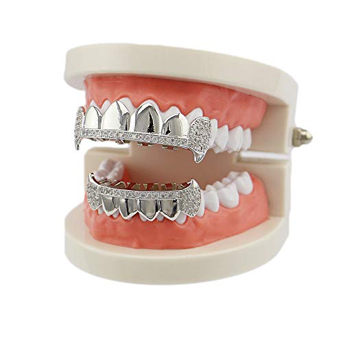 Oocc 18K Gold Plated Hip Hop Teeth Grillz Caps Iced Out Cz Top And Bottom Vampire Fangs Grillz With Diamonds For Your Teeth (Silver) #TOP5