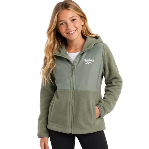 Reebok Girls Fleece Jacket - Weather Resistant Lightweight Polar Fleece Line Zip Up Fleece Jacket for Girls Outerwear Coats Size 7-8 Sage
