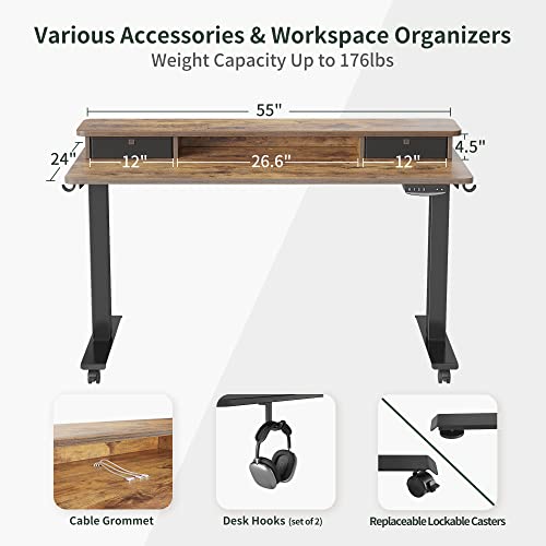 Fezibo Height Adjustable Electric Standing Desk With Double Drawer, 55 X 24 Inch Stand Up Table With Storage Shelf, Sit Stand Desk With Splice Board, Black Frame/Rustic Brown Top #TOP3