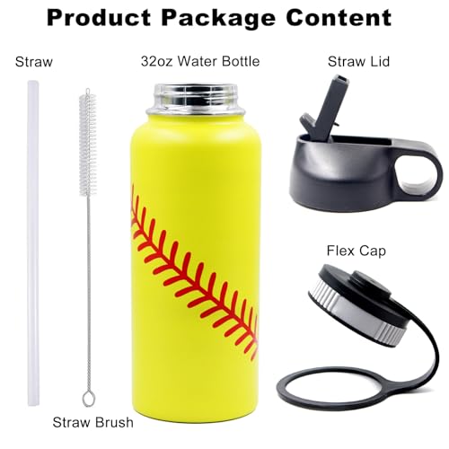 Softball Water Bottle 32 oz Wide Mouth Sports Flask Metal Travel Tumbler with 2 Lids, Stainless Steel Double Wall Vacuum Insulated Leak Proof Water Bottles, Softball Stuff Gifts for Mom Boys Girls — view 2