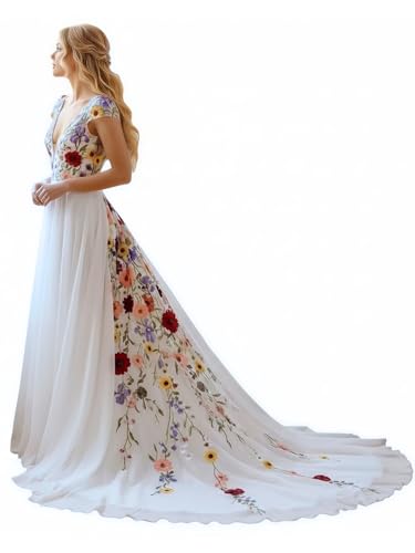 SZJMS Women's Boho Chic Wedding Dresses for Bride Long Chiffon