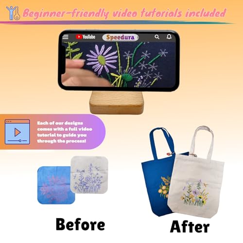 Image of Speedura Embroidery Kit for Beginners - Dual Canvas Tote Bags with Floral Cross Stitch Patterns | Complete Needlepoint Set Includes Hoops, Threads & Step-by-Step Video Tutorial (Beige & Blue Set)