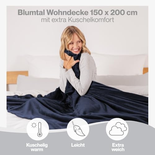 Blumtal Kuscheldecke flauschig - Oeko-TEX zertifizierte Fleecedecke 150x200 cm - weiche Wohndecke 150x200 cm - Decke Couch Wohn- & Kuscheldecke - Flauschdecke - Kuscheldecke Sofa/Decke Blau 150x200