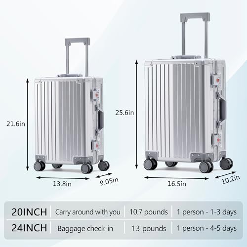 YYW Aluminum Carry-On Luggage Airline Approved Lightweight Suitcase with TSA Lock and Silent Wheels, Hardshell Spinner Business Travel (silver, 24in)3