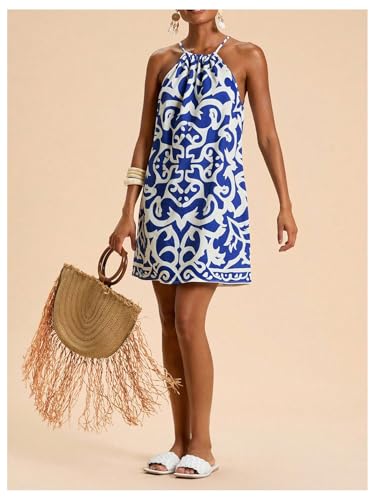 Image of SweatyRocks Women's Tropical Print Halter Dresses Sleeveless Holiday Summer Mini Dress