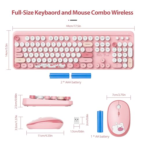 Image of Fogruaden Wireless Keyboard and Mouse Combo, Pink Retro Typewriter Keyboard, 2.4GHz Full Size Round Keycap Cute Computer Keyboard with Number Pad, Pink Colorful Keyboard for Windows PC Laptop(Pink)