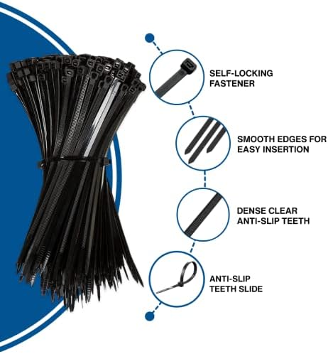 Hashtnagar Cable Ties Black Plastic, Pack of 500 Nylon PA66 Zip Ties for Home Office Garden PC Garage Workshop, Multi-Pack Tie Wraps 100/150/200/250 mm