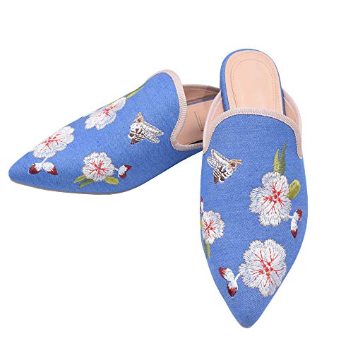 Image of Fericzot Women's Velvet Backless Pointed Toe Slip On Loafers Flats Embroidery Mule Slippers Shoes
