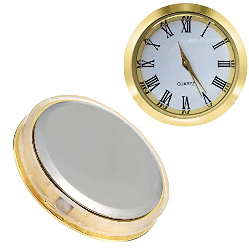 HILLHOME Mini Clock Insert 1-1/2 Inch (37 mm) Round Quartz Movement Miniature Clock White Face Gold Tone Bezel Roman Numerals Fit 35 mm Diameter Hole