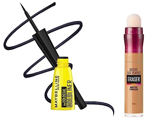 Image of Maybelline New York Full Luminous Natural Finish Liquid Instant Age Rewind Concealer, Caramel, 6ml and Colossal Bold Eyeliner, Black, 3g