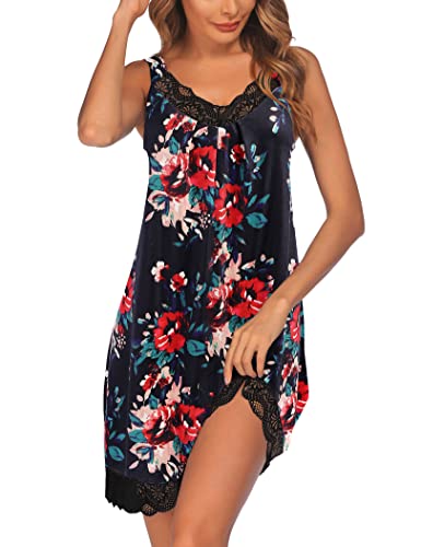 Ekouaer Women's Nightgown Sleeveless Sleepwear Wide Strap Sleep Shirt Pleated V-Neck Nightshirt #TOP24