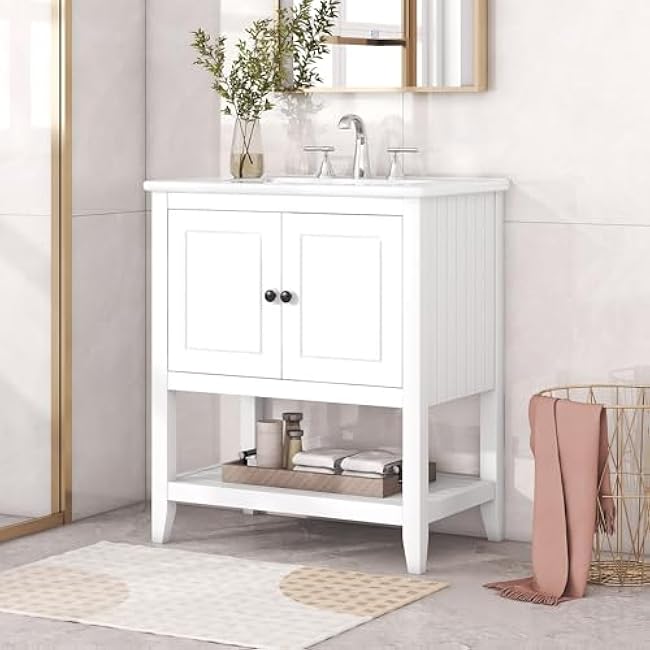 Modern 36 Bathroom Vanity with Sink, Wood Bathroom Vanities with 4 Drawers of Different Sizes, Soft-Closing Door, Open-Back Design, Metal Handles (White-39N)