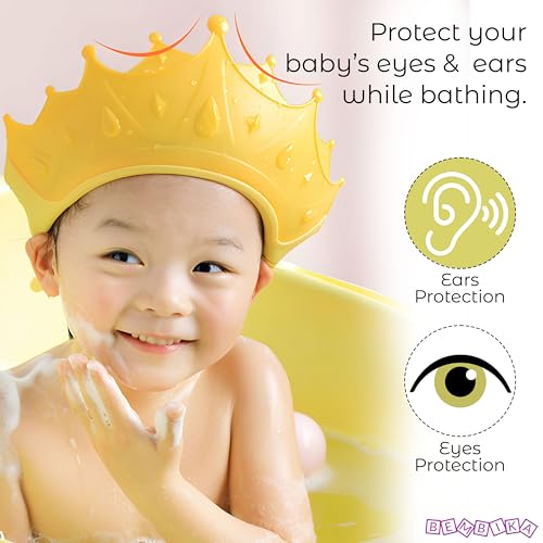 Image of Bembika Baby Shower Cap For Washing Hair, Soft Bathing Baby Shower Cap For Eye Protection And Hair Wash Adjustable Reusable, Waterproof, And Comfortable For Babies � (Crown Yellow)