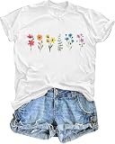 Floral Graphic T Shirt Women Wildflower Print Vintage Tees Top Funny Summer Short Sleeve Crew Neck Casual Shirts (X-Large, White)