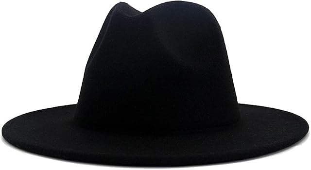 VASANA Fashion Classic Black Wool Blend Fedora Hat Wide Brim Flat Church Derby Cap Jazz Gentlemans Flat Hat Panama Hat for Men Women Wedding Party Talent Show Performance