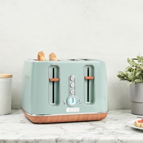 Haden Dorchester Toaster 4 Slice – Stainless Steel Body - Modern LCD Display - 6 Browning Levels - Cancel/Defrost/Reheat - 1900-2300W Digital 4 Slice Toaster - Easy Clean - Green